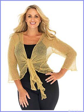 Plus Size Sheer Shrug Mesh Knit Tie Front 3/4 Sleeve Cardigan
